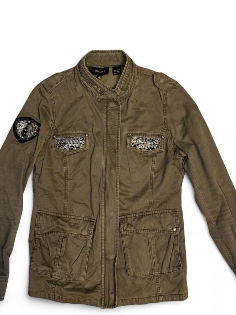 Miss Me Olive Green Military Field Jacket with Sequin Patch